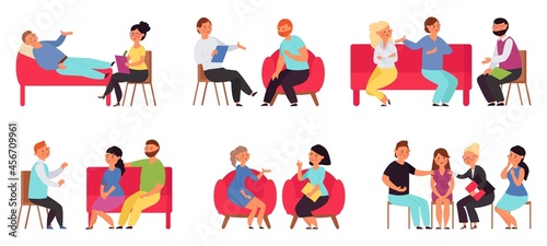 People on psychotherapy. Support, therapy and mental problems. Isolated patients, man on couch. Professional psychologist consulting decent vector scenes