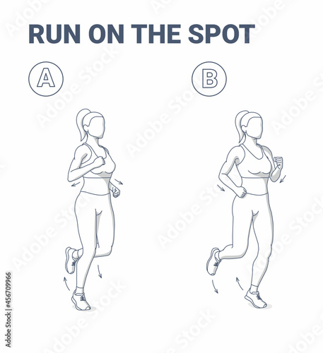 Woman Doing Jogging Exercise Fitness Home Workout Guidance Illustration. Girl Run on the Spot.