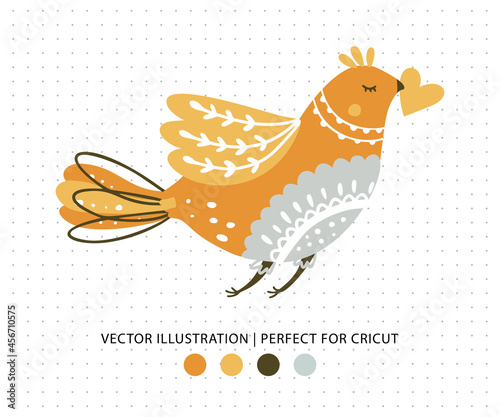 Cute romantic bird and heart cartoon print. Hand drawn scandinavian girly vector illustration. Design for cricut.