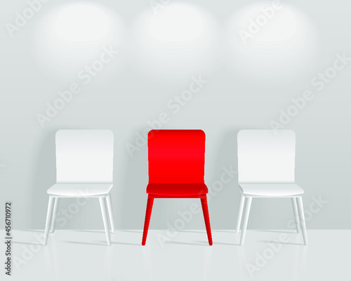 One red chair between white chairs in the waiting room 3D render
