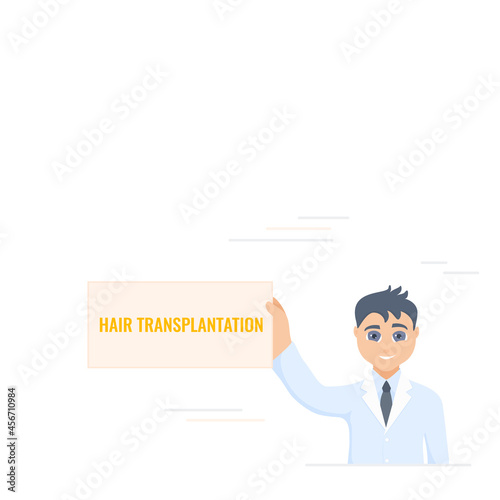 Alopecia concept. Man doctor holding hair transplantation board in his hand. Hair loss medical treatment design template. Vector flat illustration.