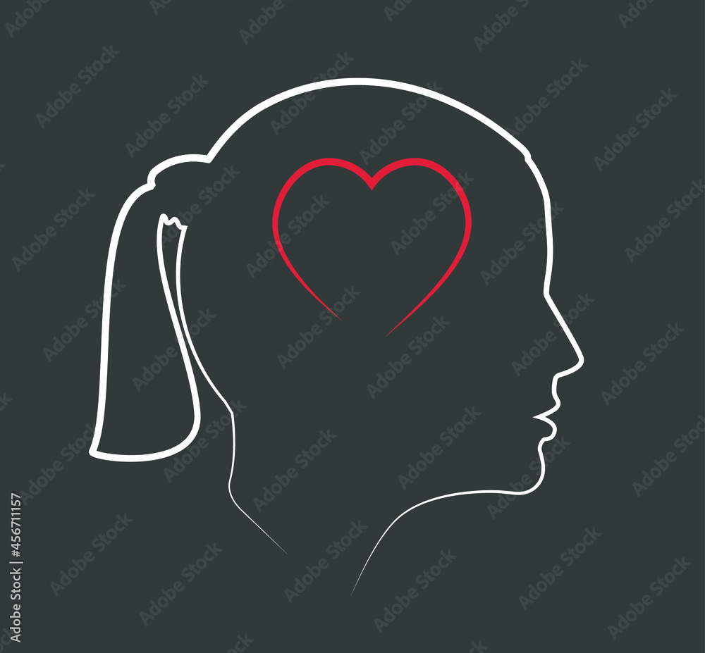 Silhouette of a female head. Icon. Flat illustration of face. Head icon with a heart inside. Silhouette of a girl. Woman avatar. Linear avatar. Love in the head Silhouette of a female head. Icon. Flat illustration of face. Head icon with a heart inside. Silhouette of a girl. Woman avatar. Linear avatar. Love in the head