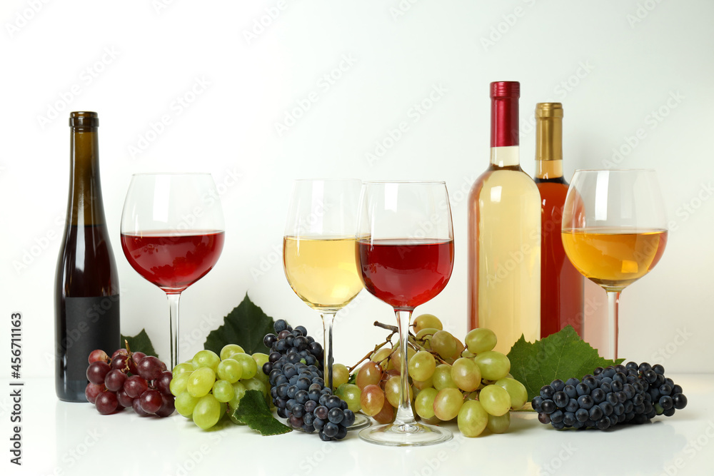 Concept of tasting different wine on white table