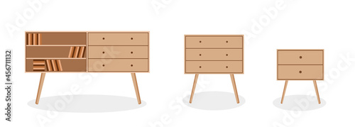 Set of furniture for the bedroom, hallway, living room, office. Vector illustration in flat cartoon style. Chest of drawers, bedside table, bookshelf.