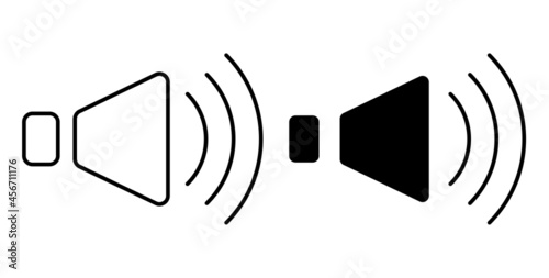 Linear icon. musical speakers with sound wave. Volume control. Simple black and white vector isolated on white background