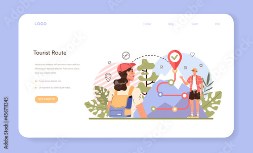 Tour guide web banner or landing page. Tourists following a wild route