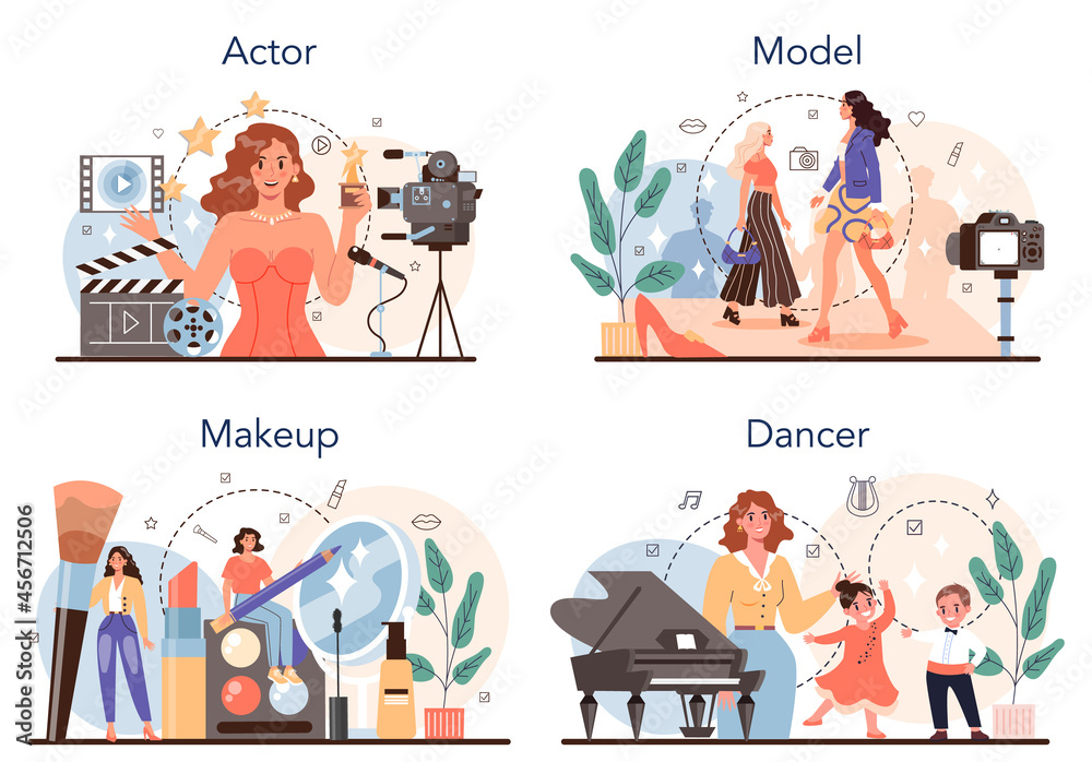 Artistic and showbusiness occupation set. Actor, dancer, make up artist Artistic and showbusiness occupation set. Actor, dancer, make up artist