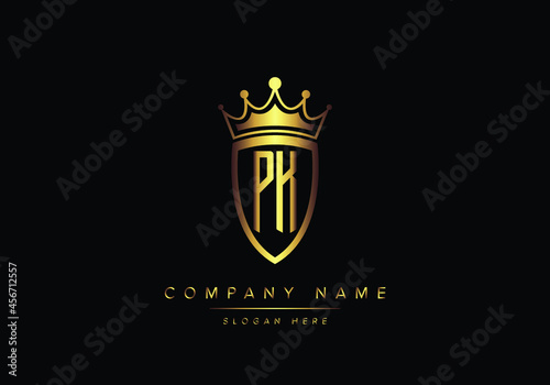 Alphabet letters PK monogram logo, gold color, shield style, luxury style, vector illustration