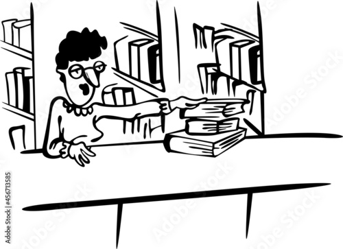 The librarian is standing in the school library. With her there are shelves full of books
