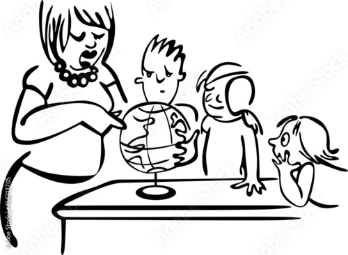 There is a geography lesson in the classroom. The teacher and the students are standing at the table and watching something on the globe
