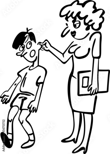 In the school corridor, the teacher pulls the student by the ear. The boy was rude
