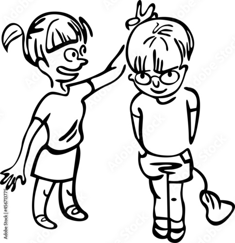 A girl and a boy are fooling around at school. The girl sat joking with the boy

