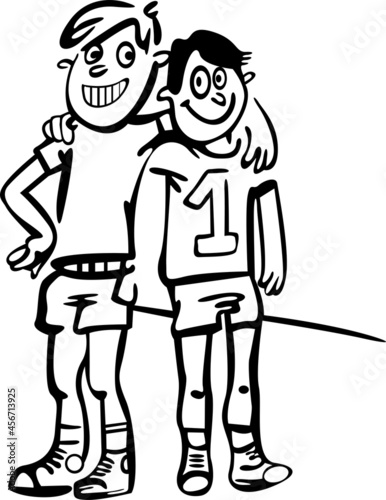 Two boys are holding each other's arms. They are dressed in sports clothes because they are sportsmen and friends
