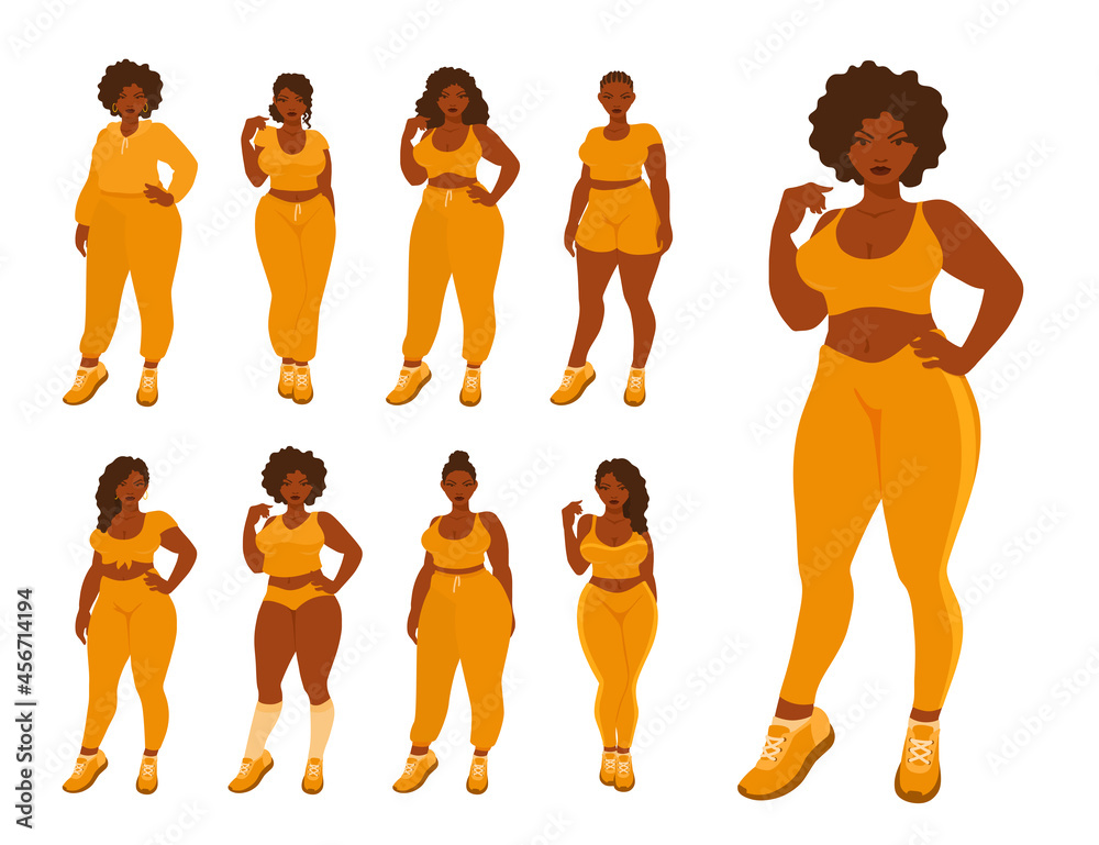 A woman in a sportswear, sports outfit. A plus-size African American girl  wears sport clothing. Yoga, jogging, fitness clothes. A vector cartoon  illustration. Stock Vector
