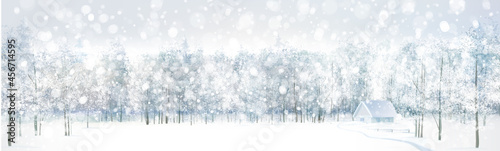 Vector winter wonderland scene with house in forest. Winter landscape.