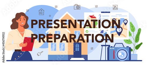 Presentation preparation typographic header. Property selling advertising,