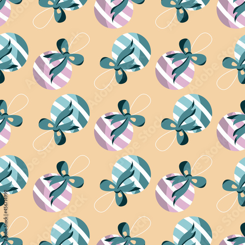 Seamless pattern with striped christmas balls on beige background. For wrapping paper, stationery, wallpaper, textile. Eps 10.
