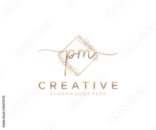 initial PM Feminine logo beauty monogram and elegant logo design, handwriting logo of initial signature, wedding, fashion, floral and botanical with creative template.