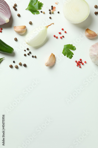 Spicy vegetables on white background, space for text