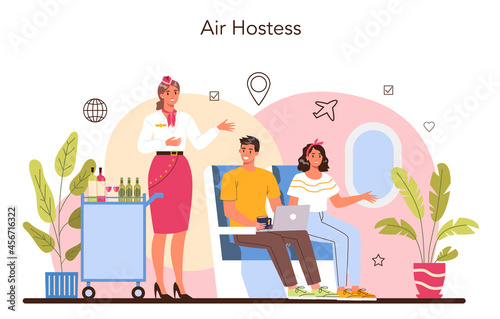 Stewardess concept. Flight attendants help passenger in airplane.