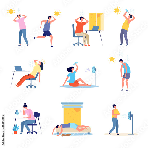 People hot weather. Outdoor sunny unhealthy persons exhaustion tired male and female characters headache recent vector flat illustrations