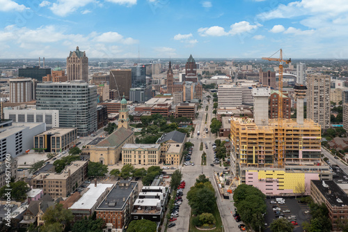 Milwaukee, WI USA - September 07 , 2021: Aerial view of Kilbourn Avenue looking east showing a crane and new construction