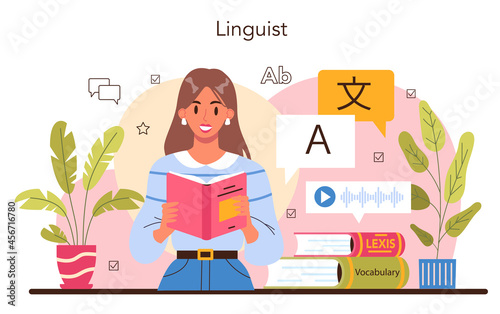 Translator concept. Linguist translating document, books and speach.