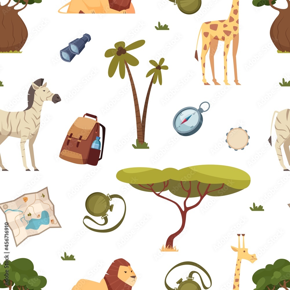 Fototapeta premium Safari pattern. Africa travel, leo giraffe and zebra. Tree and tourism accessories vector seamless texture