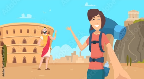 Travel girl make selfie in Rome. New reality, reopen tourism. Vacation in Italy, happy lady vector illustration