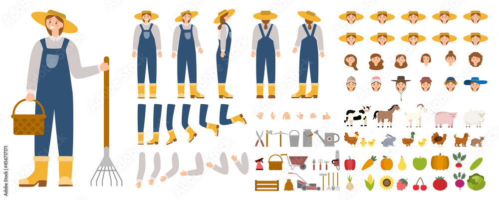 Young female farmer constructor set. Person working on a farm. - obrazy, fototapety, plakaty 