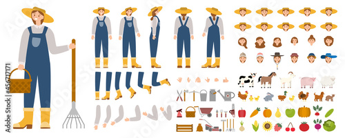 Young female farmer constructor set. Person working on a farm.