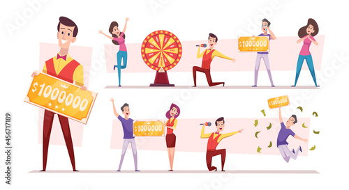 Prize winner. Characters won in lottery tickets money ticket prizes persons in casino exact vector illustrations set isolated
