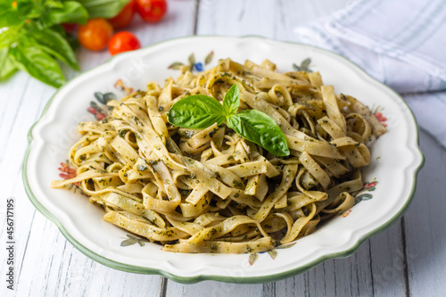 Italian pasta; Tagliatelle with Pesto Sauce