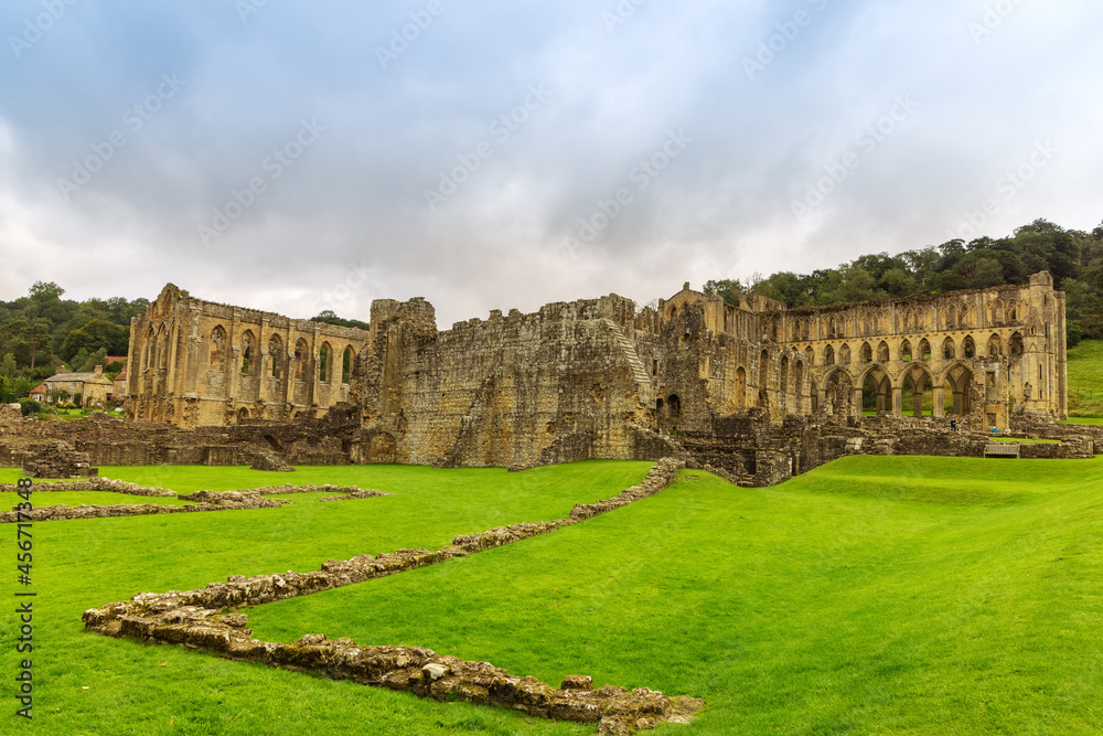 Ruins of Rievaulx Abbey, a Cistercian abbey in Rievaulx  near Helmsley in the North York Moors National Park, England.
