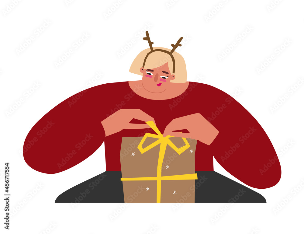 Vector isolated portrait of caucasian woman with antler headband unwrapping gift box in Christmas time. Preparation for holiday. Cute lady holds bow for decoration of presents. Xmas surprise Vector isolated portrait of caucasian woman with antler headband unwrapping gift box in Christmas time. Preparation for holiday. Cute lady holds bow for decoration of presents. Xmas surprise