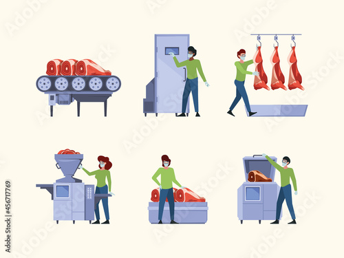 Meat production. Industrial equipment for sausage manufacturing processing agriculture processes garish vector meat collection