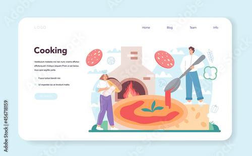 Pizzeria web banner or landing page. Chef cooking tasty delicious pizza