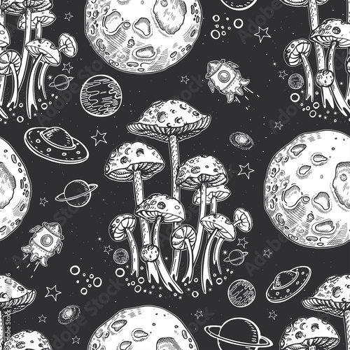 Mushrooms are like planets. Space illustration. Seamless surreal pattern.