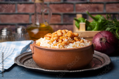 Traditional Turkish cuisine. Kuru Fasulye . Haricot Beans, rice and beans (Turkish name; pilav ustu kuru fasulye) photo