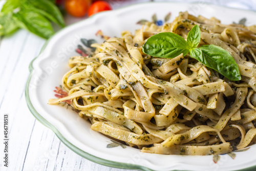 Italian pasta; Tagliatelle with Pesto Sauce