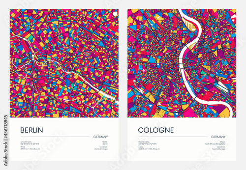 Color detailed road map, urban street plan city Berlin and Cologne with colorful neighborhoods and districts, Travel vector poster