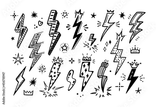 Lightning Bolt Signs Vector Set. Hand Drawn Doodle Thunderbolts with crowns. Great for Girl Power design