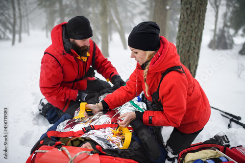 Tableau sur toile Mountain rescue service provide operation outdoors in winter in forest, injured person in stretcher