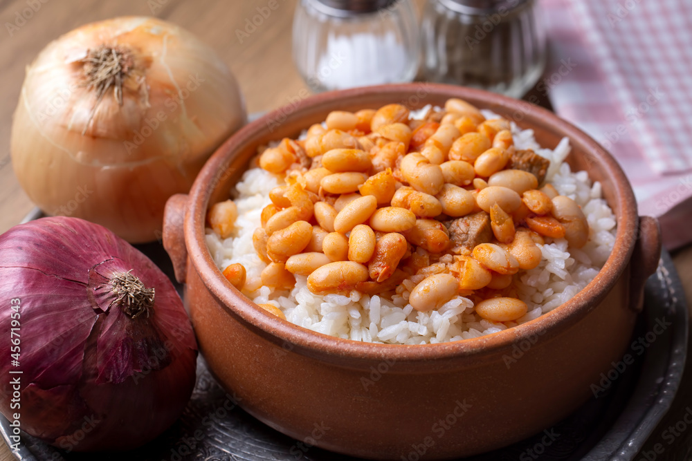 Traditional Turkish cuisine. Kuru Fasulye . Haricot Beans, rice and beans (Turkish name; pilav