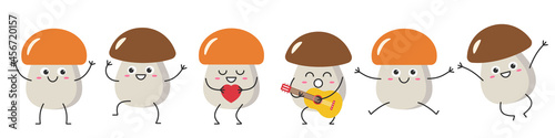 Set mushrooms boletus smiles rejoices jumping sings character cartoon  happy emotions icon beautiful vector illustration.