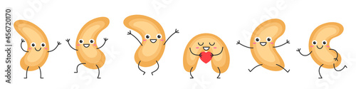 Set cashew nuts character cartoon emotions joy happiness smiling face jumping running icon beautiful vector illustration.