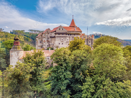 beautiful scenic aerial view of historical medieval Pernstejn castle  Czech Republic