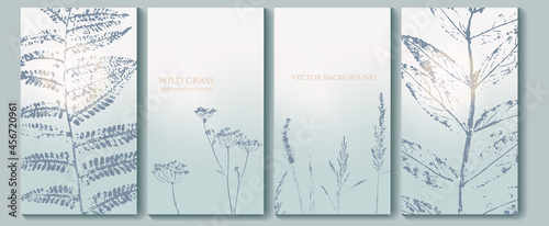 set of template brochure «foggy landscape  morning with hand painted wild herbs and flowers»