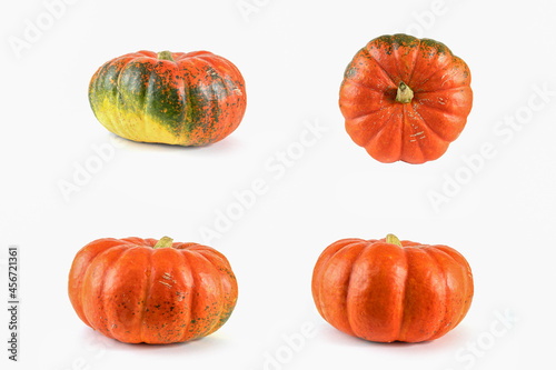 Pumpkins collection isolated on white with shadow and subtle reflection. Ripe ugly pumpkins, orange-green pumpkins. Harvest.