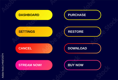 Set of Modern Gradient App, Website page or Game Buttons. Trendy gradient colors. Flat design.